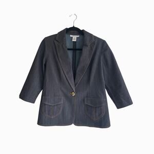 Carole Wren Denim Blazer Jacket Contrast Stitch 3/4 Sleeve Cotton Stretch Size M
